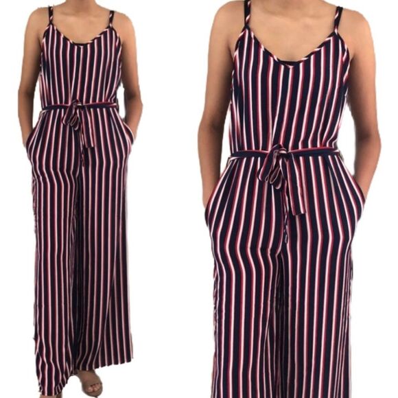 Ambiance Sleeveless Jumpsuit M Striped Pockets Adjustable Straps Red White Navy - Picture 1 of 11